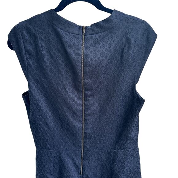 Theory Embroidered Navy Blue Cap Sleeve Dress Size 10 Textured Formal Dressy - Picture 5 of 11